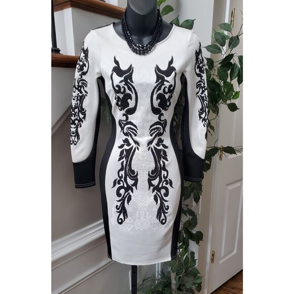 River Island Women White Black Embroidered Long Sleeve Knee Length Dress  Size 6